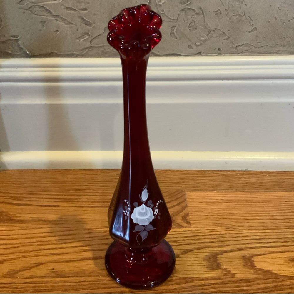 Fenton Vase Ruby Red Signed Hand painted Floral Swung Vase 8 1/2 Tall